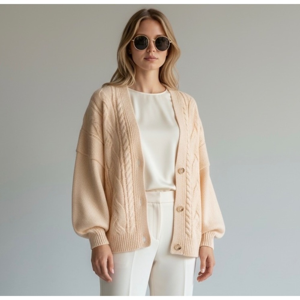 NEW Apricot Cable‎ Knit XL Cardigan Sweater Chunky Oversized Balloon Sleeve